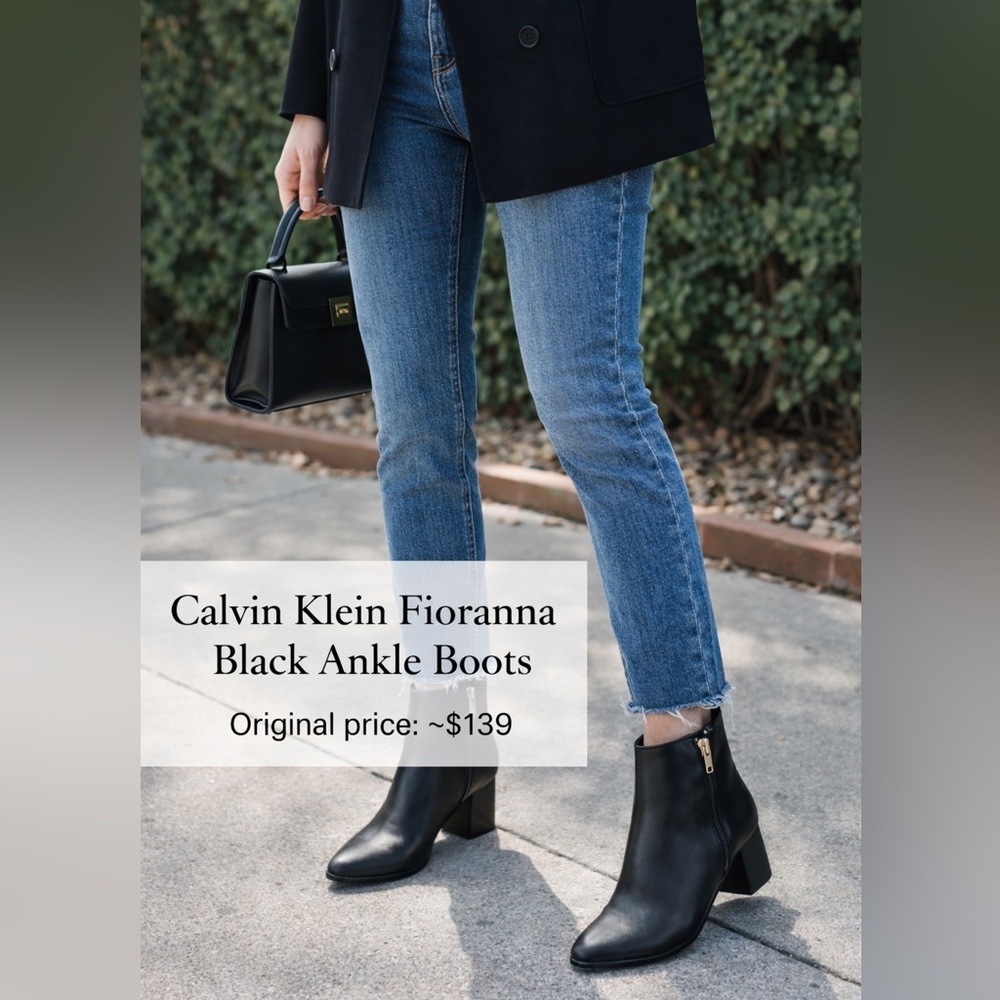 Calvin Klein Fioranna Black Ankle Boots Women’s Size 6.5 Pointed Toe Block Heel